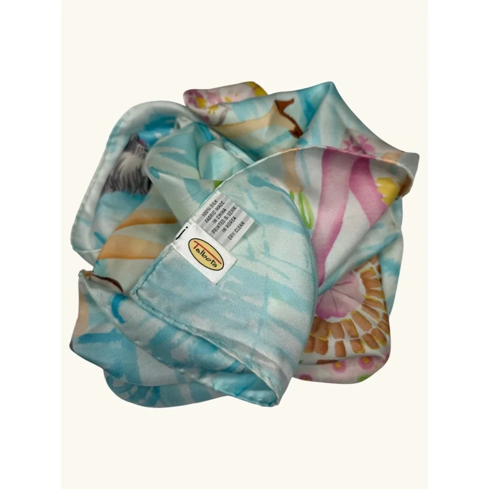 Talbots Silk Scarf Blue Pink Novelty Print Women Shopping Dogs Square Scarf
